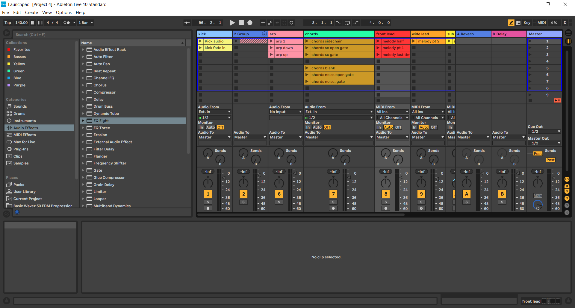 This is the Ableton Set in Session View with all the clips I used to perform the track